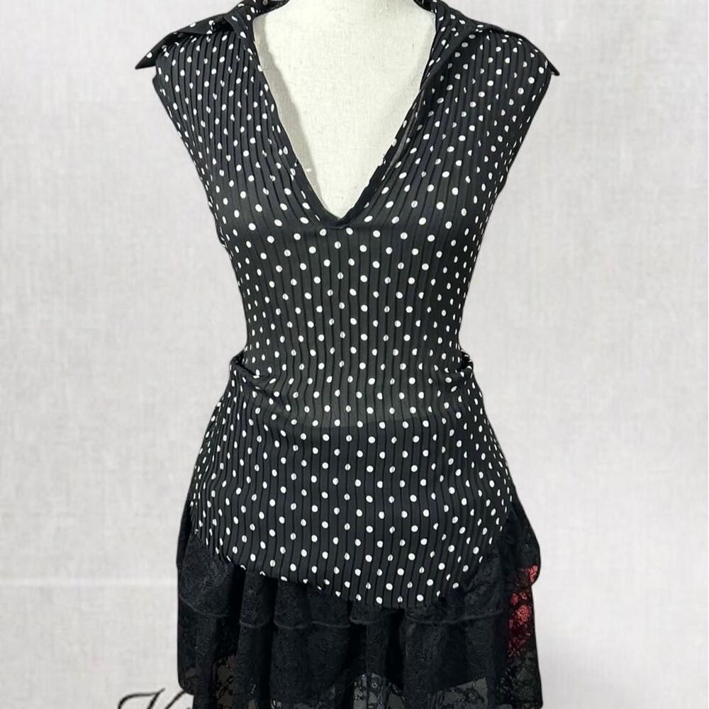 Coquette Goth Black and White Polka Dot Sleeveless Collared Top